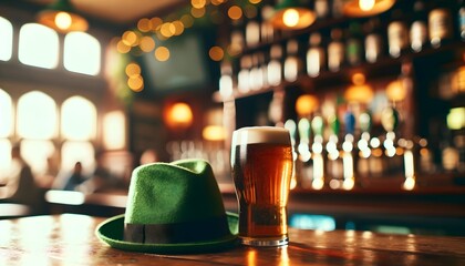 St. Patrick's day, pint of beer, clover leaf and green hat on wooden bar in the pub, festive background, template