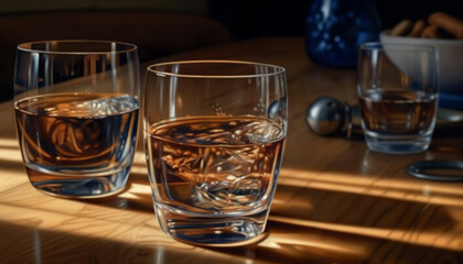 Luxury whiskey glass on wooden table with ice generated by AI