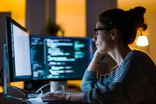 Female software engineer writing code on desktop computer
