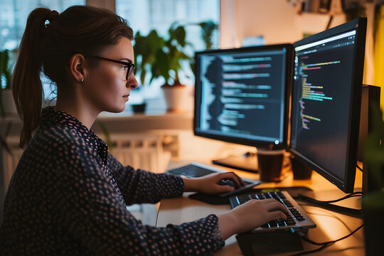 Female software engineer writing code on desktop computer