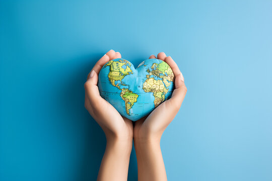 Hands hold Earth ball in heart shape
