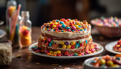 Fototapeta na wymiar Sweet food decoration on birthday cake with candy generated by AI