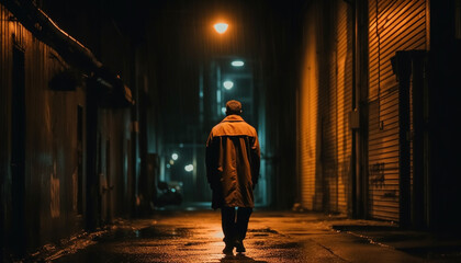 Silhouette of a man walking alone at night generated by AI