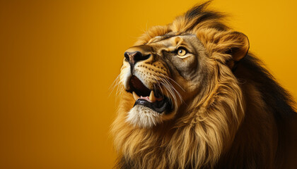 Majestic lion roaring, fierce and powerful, in African savannah generated by AI