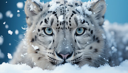Obraz premium Snow leopard, majestic hunter, staring, cold winter, beauty in nature generated by AI