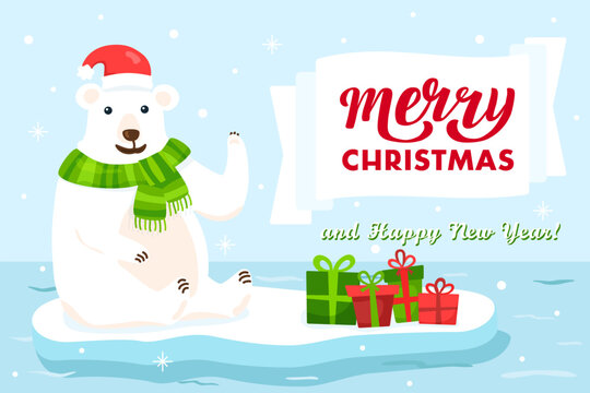 Cute flat polar bear with scarf and hat on snowy background. Vector cartoon illustration with presents and gifts on ice floe. Image of winter character with Merry Christmas phrase for banner or card