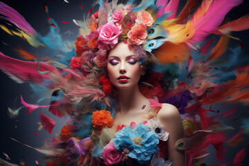 floral woman digital portrait, Ethereal female Art, An eye catching surreal young woman surround by vibrant colorful flowers and abstract designs, Creative fantasy girls and flowers wallpaper concept