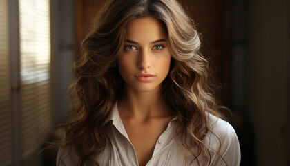 Fototapeta premium Young woman with long brown hair looking confidently at camera generated by AI
