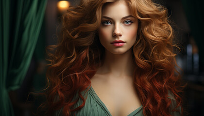 Naklejka premium Beautiful woman with long, curly blond hair, looking at camera generated by AI
