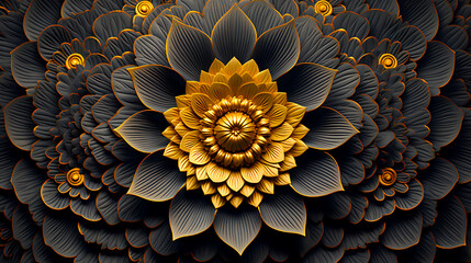 stunning, layered flower sculpture with dark leaves and golden petals, creating a mesmerizing pattern with a three-dimensional effect - obrazy, fototapety, plakaty