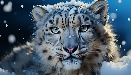 Snow leopard staring, majestic beauty in nature, wilderness tranquility generated by AI