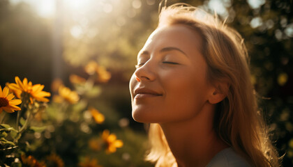 Smiling young woman enjoys nature beauty in the summer sunset generated by AI