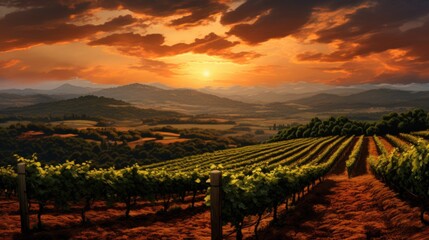 Rows of vineyards in the countryside at sunset