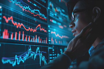 financial charts overlay with background of Portrait of Stock Market Trader Doing Analysis of Investment Charts, Graphs. Financial Analyst, Digital Entrepreneur Successfully Trading