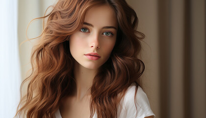 Fototapeta premium Beautiful young woman with long brown hair looking at camera generated by AI
