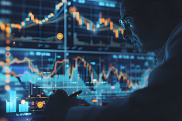 financial charts overlay with background of Portrait of Stock Market Trader Doing Analysis of Investment Charts, Graphs. Financial Analyst, Digital Entrepreneur Successfully Trading