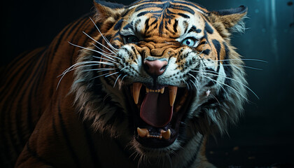 Obraz premium Majestic Bengal tiger roaring in the tropical rainforest generated by AI