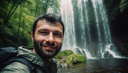 A smiling man hiking in the forest, enjoying nature beauty generated by AI