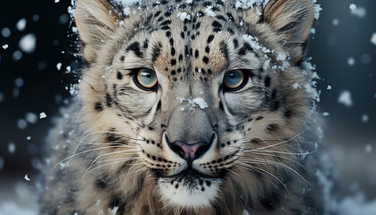 Fototapeta premium Majestic snow leopard staring, wild beauty in nature tranquility generated by AI