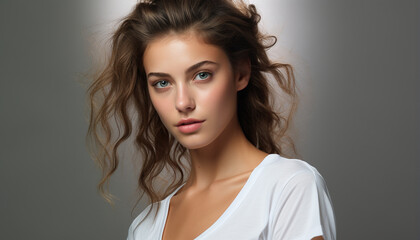 Fototapeta premium Young woman with long brown hair looking at camera, beautiful generated by AI