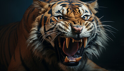 Obraz premium Majestic Bengal tiger roaring, fierce and dangerous in the wild generated by AI