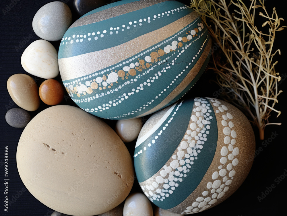 Poster a painted flat pebble with abstract wave patterns and dots on top of a pile of stones.