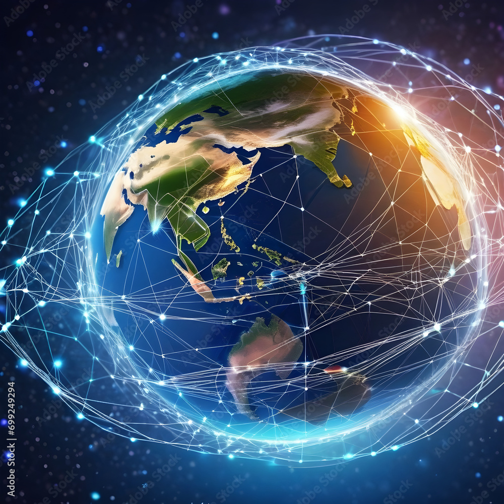 Poster communication technology for internet business. global world network and telecommunication on earth 