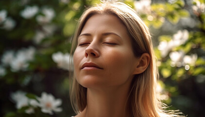 Young woman enjoying the outdoors, eyes closed, smiling in nature generated by AI