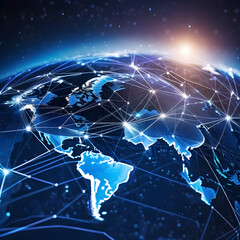 Obraz premium Communication technology for internet business. Global world network and telecommunication on earth cryptocurrency and blockchain and IoT.