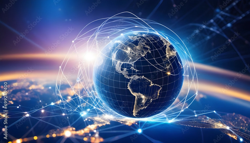 Poster communication technology for internet business. global world network and telecommunication on earth 