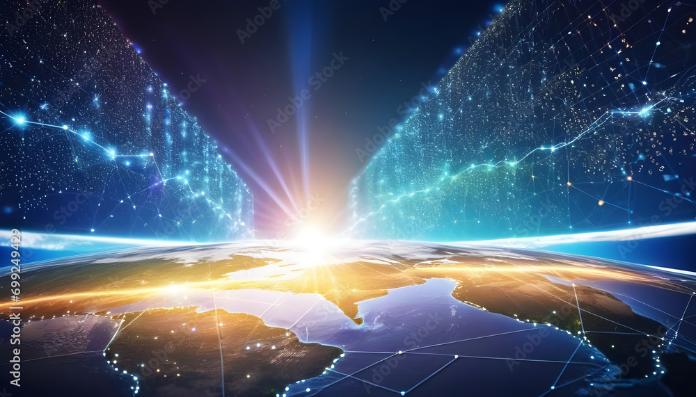 Poster communication technology for internet business. global world network and telecommunication on earth 