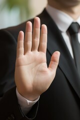 In this photo, a man is seen raising his right hand, swearing under oath in the courtroom, as a sign of his commitment to honesty and justice. - obrazy, fototapety, plakaty