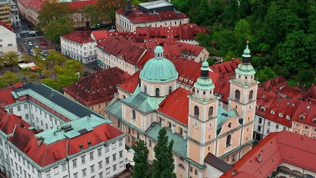 Cathedral of St. Nicholas is a Catholic cathedral in the city of Ljubljana, Slovenia filmed with a drone. Cathedral of the Diocese of Ljubljana, an architectural monument.