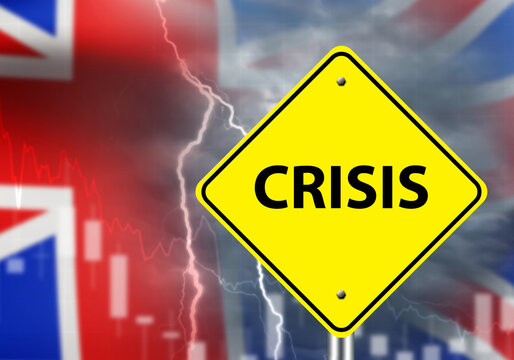Crisis in Great Britain. Thunderstorm near UK flag. Road sign with crisis logo. Problems of Great Britain economy. UK recession. Crisis in United Kingdom. Default chart near UK banner. 3d image