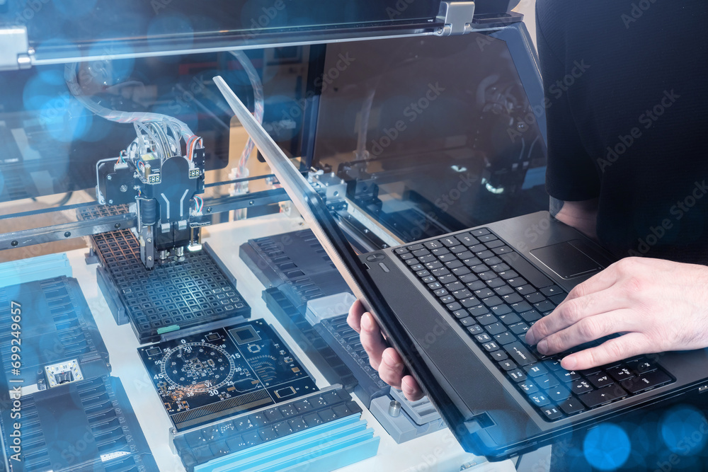 Poster industrial technologies. cnc controlled machine. hands of engineer with laptop. man sets up cnc equi