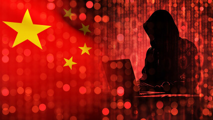 Hacker with China flag. Man computer geek in hood. Cyber developer from PRK. Hacker threat from China. Man computer scientist sits at table. White hat hacker protects China cyberspace. 3d image - obrazy, fototapety, plakaty