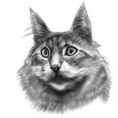 Chat cat Maine coon noir et blanc black and White illustration 