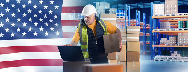 Storekeeper near US flag. American man works in warehouse. Guy with box is standing in storage...