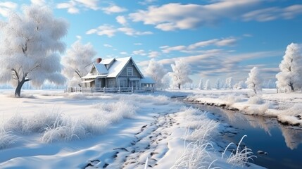 Winter landscape, beautiful snowy landscape in sunny weather in a village outside the city, Russian frosty winter