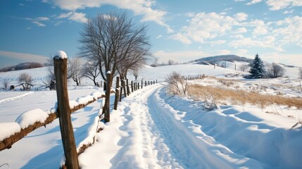 Winter landscape, beautiful snowy landscape in sunny weather in a village outside the city, Russian frosty winter