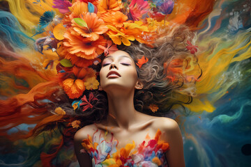 floral woman digital portrait, Ethereal female Art, An eye catching surreal young woman surround by vibrant colorful flowers and abstract designs, Creative fantasy girls and flowers wallpaper concept - obrazy, fototapety, plakaty