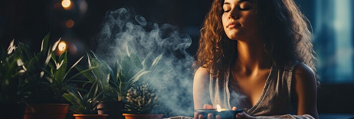 Close-up of a person meditating with calming incense, stress relief banner