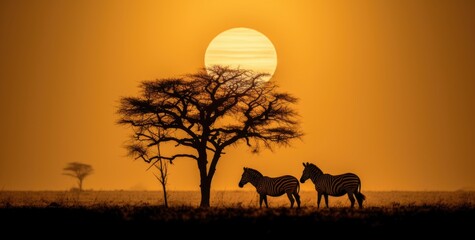 Amazing sunset and sunrise.Panorama silhouette tree in africa with sunset.