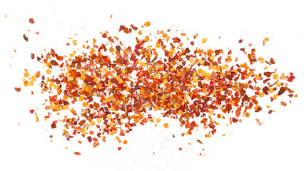 Spicy chili red pepper flakes, chopped, milled dry paprika pile isolated on white