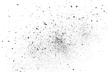 Black chalk pieces and dust flying, effect explode isolated on white