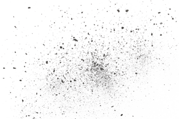 Black chalk pieces and dust flying, effect explode isolated on white