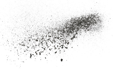 Black chalk pieces and dust flying, effect explode isolated on white
