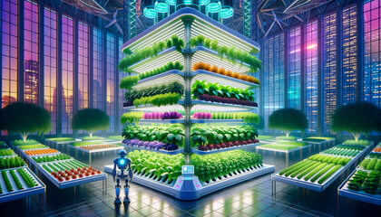 Whimsical indoor vertical farm with vibrant plants and friendly robotic assistants. - obrazy, fototapety, plakaty
