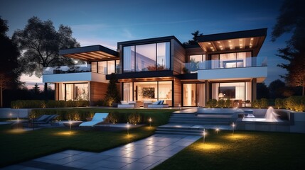 luxury villa illuminated in the evening