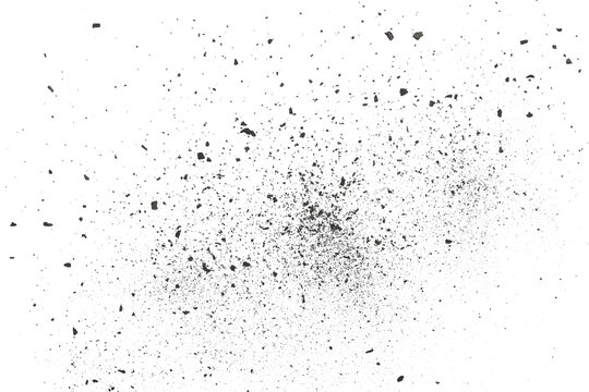 Black chalk pieces and dust flying, effect explode isolated on white